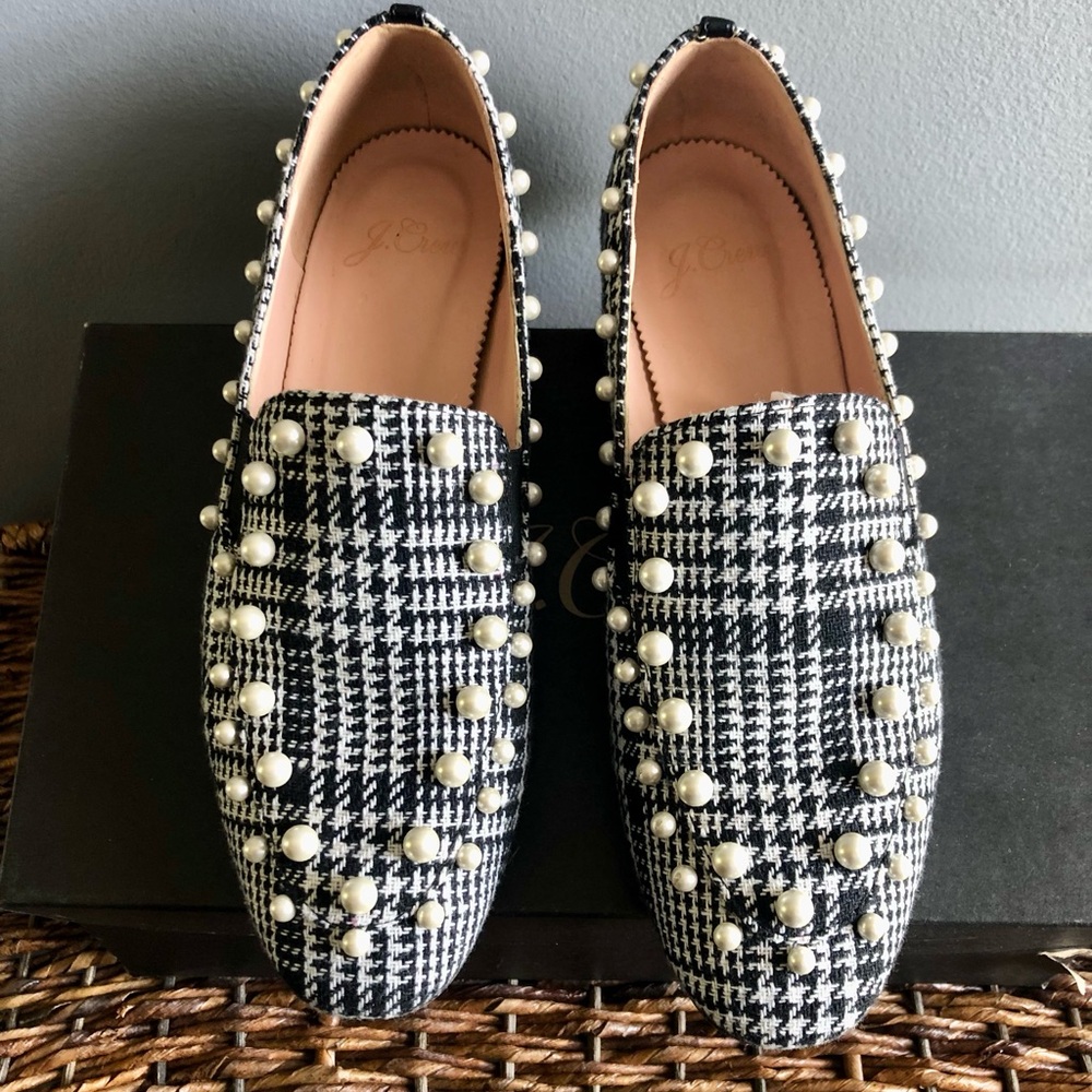 J. Crew Jane Loafers Black and Ivory with Pearl Embellishments